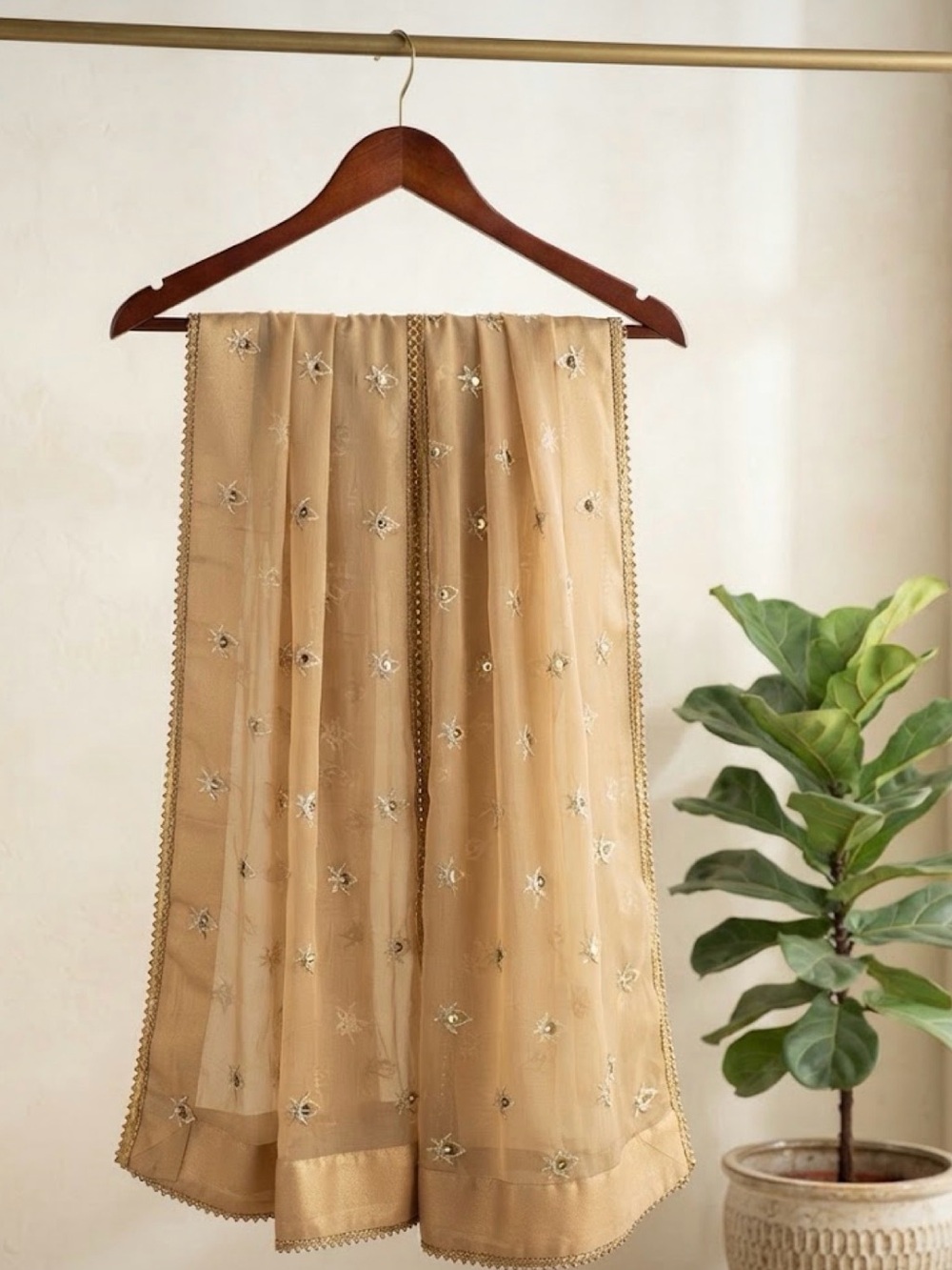 Golden Duppatta stole full size. Embroidered sequins Fabric. NWOT